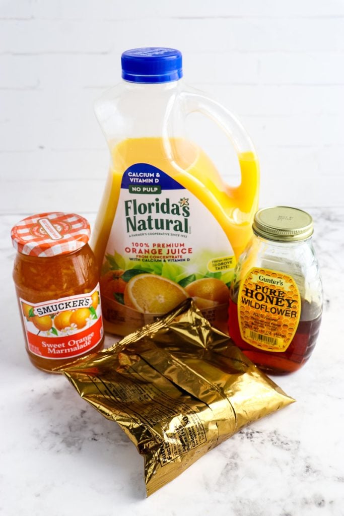 Ingredients needed to make the orange glaze that goes on top of the spiral ham.