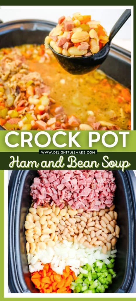 Slow cooker ham and bean soup with ingredients uncooked and soup being ladled out of the cooker.