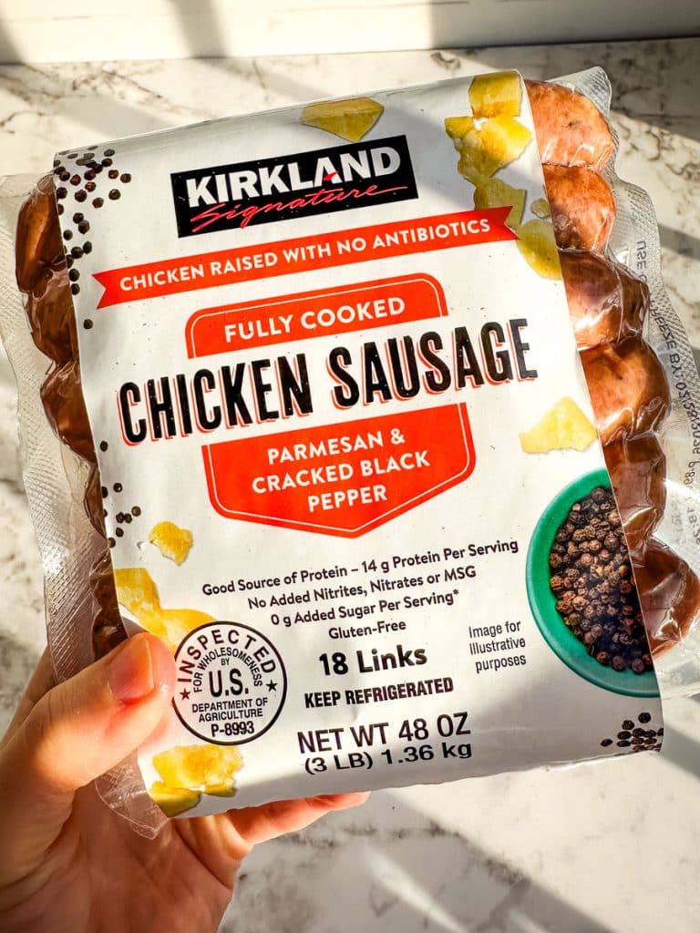 Kirkland brand Chicken Sausage with parmesan and cracked pepper.