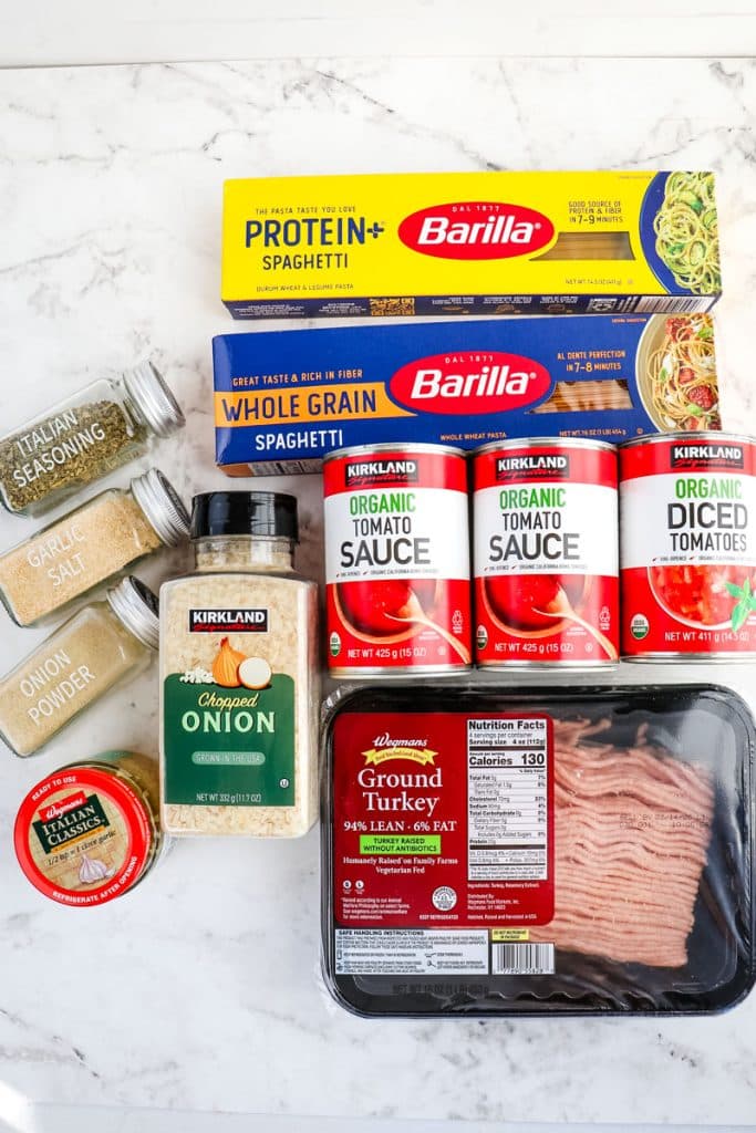 Ingredients needed to make turkey spaghetti in red sauce.