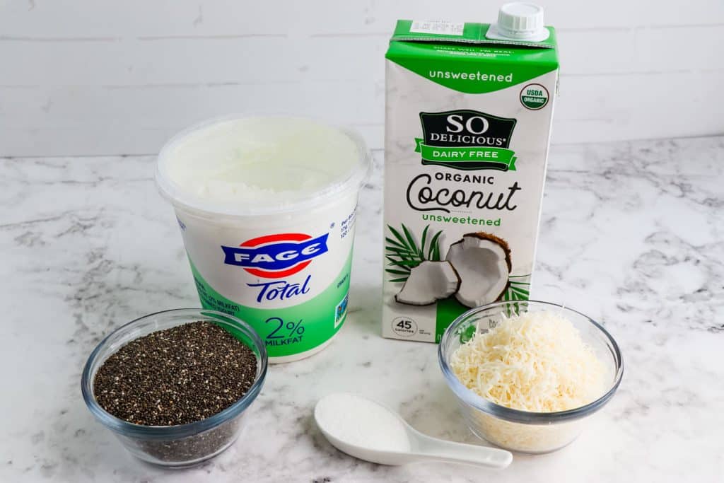 Ingredients needed to make coconut milk chia pudding.