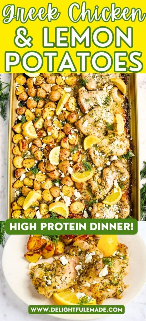 Sheet pan Greek chicken and lemon potatoes with dill and feta.