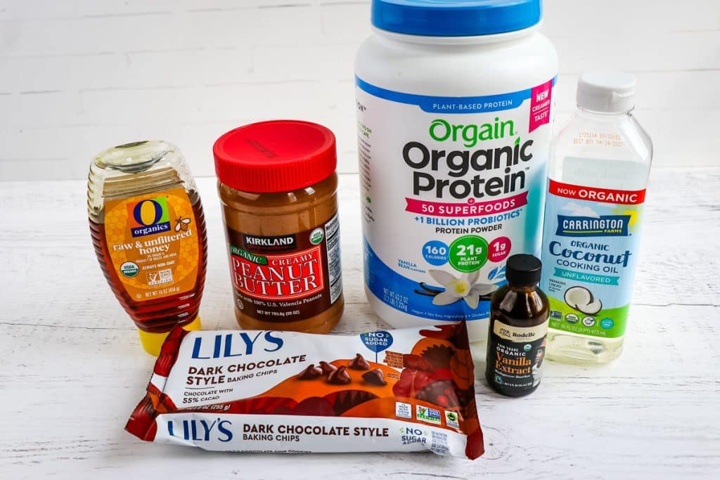 Ingredients needed to make peanut butter protein balls with chocolate.