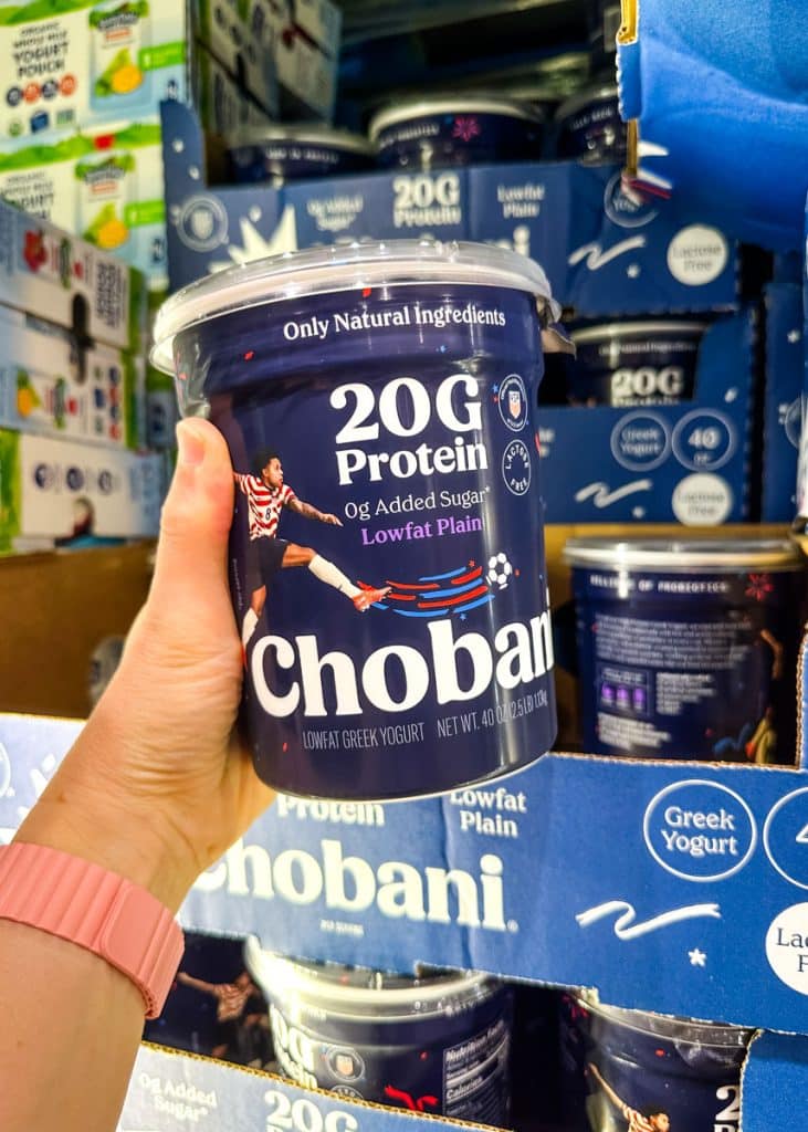 Large tub of Chobani plain Greek yogurt from Costco.