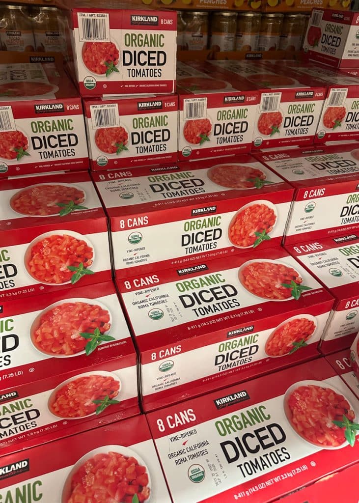 Cases of canned diced tomatoes at Costco.