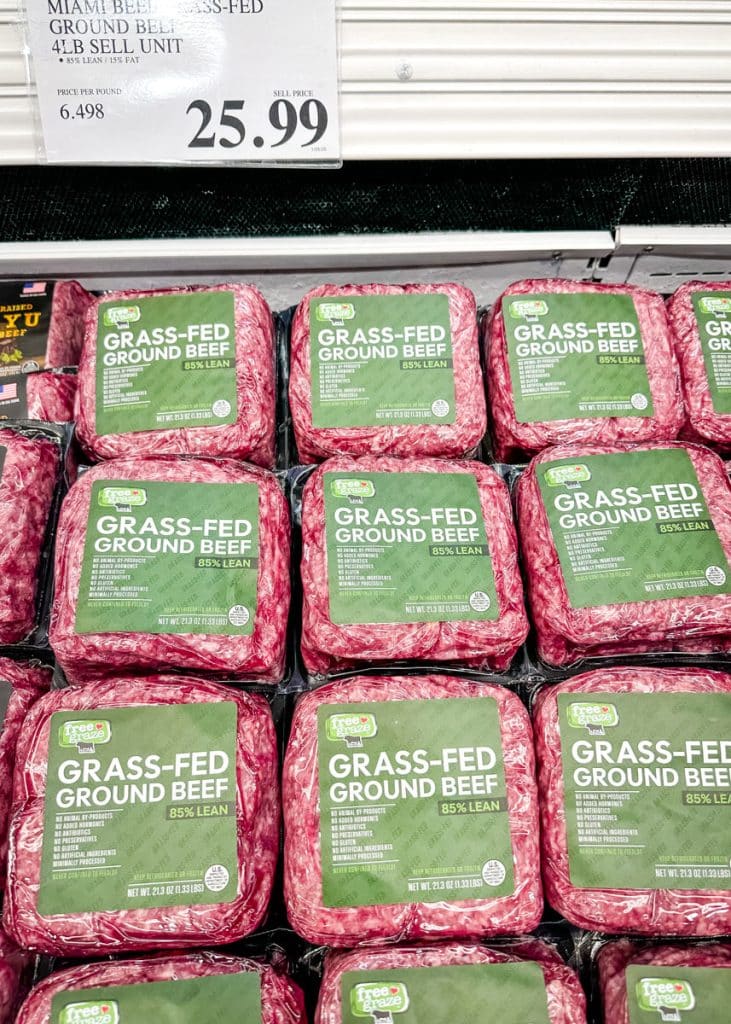 Packs of presealed ground beef in the refrigerated section at Costco.