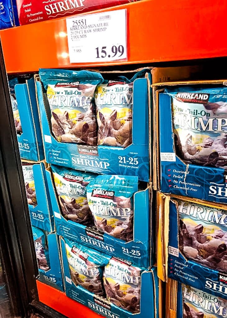 Frozen raw shrimp in the frozen foods section at Costco.