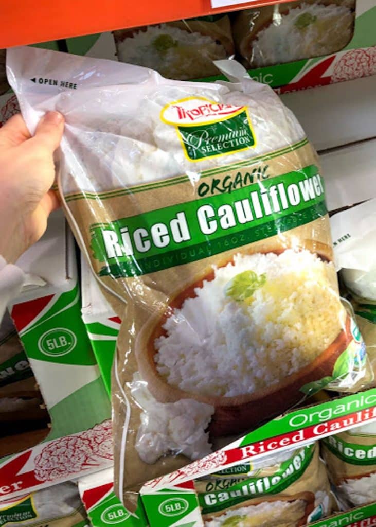 Package of frozen riced cauliflower at Costco.