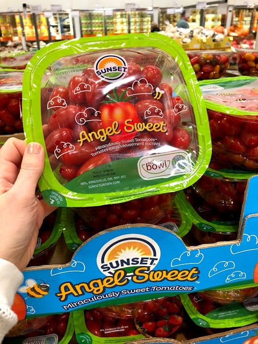 A container of fresh cherry tomatoes at Costco.