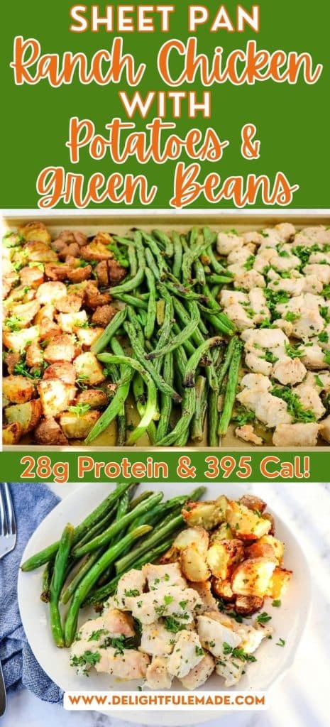 Sheet pan ranch chicken and potatoes with green beans, on the pan and on a plate.