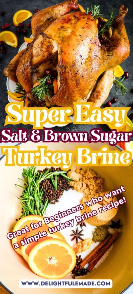 Roasted turkey on a platter and ingredients for salt and brown sugar turkey brine.